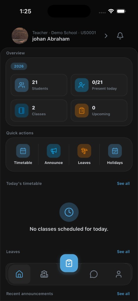NoteArch Teacher home, real mobile UI